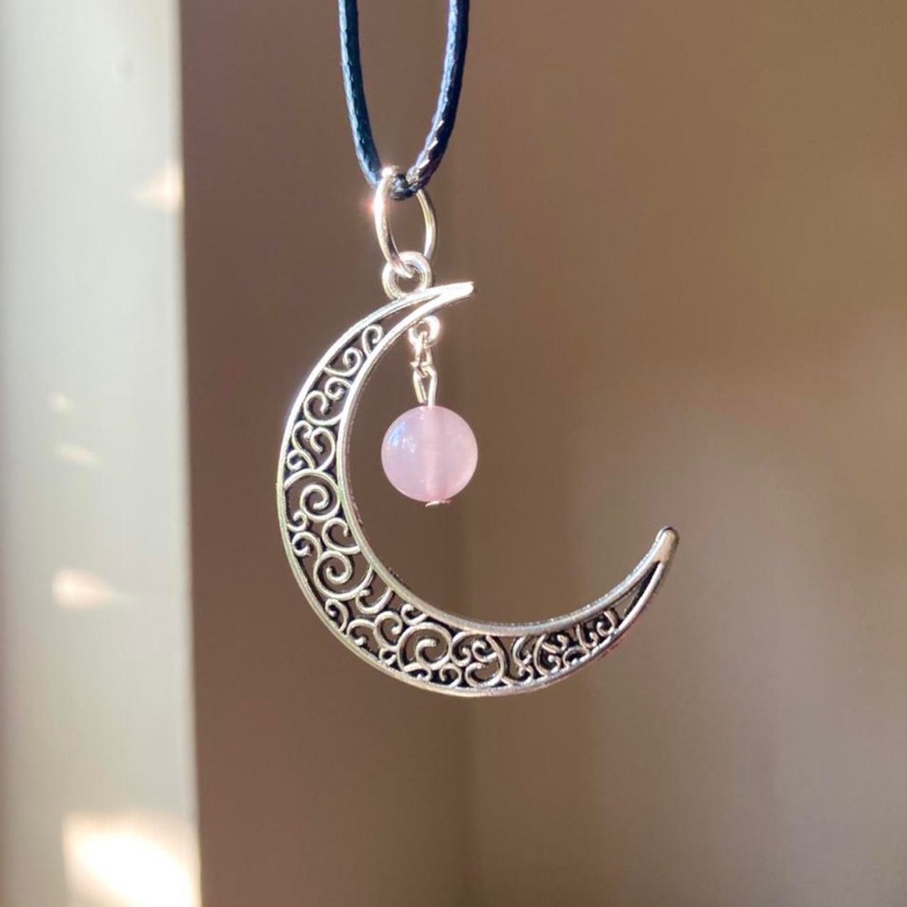 Celestial crescent moon rose quartz crystal ball black cord choker necklace